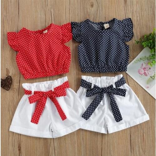 2 Pieces Kids Suit Set Polka Dot Print Round Neck Fly Sleeve Shirt Tops Shorts with Waist Belt Summer Girls Clothes Set