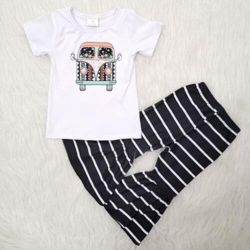 2PCS Newborn Baby Girl Summer Clothes School Bus Shirt Pants+Stripe Bell Bottom Set Baby Clothes Kids Outfit Infant Clothing
