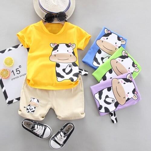Summer Hot Sale Kids Clothing Sets 100% Cotton Childrens Clothing Cartoon Cows Print Clothing for Boys O-neck Baby Boys Clothes