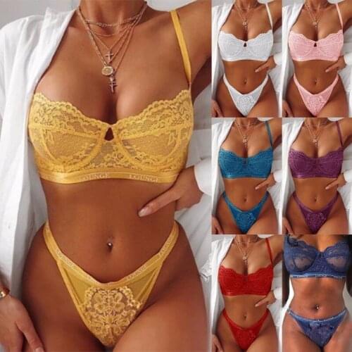 Fashion Sexy See Through Mesh Lace Bra and Panties Set Women Plus Size Intimates Lingerie Set Underwear Sexy Solid Brief Suit