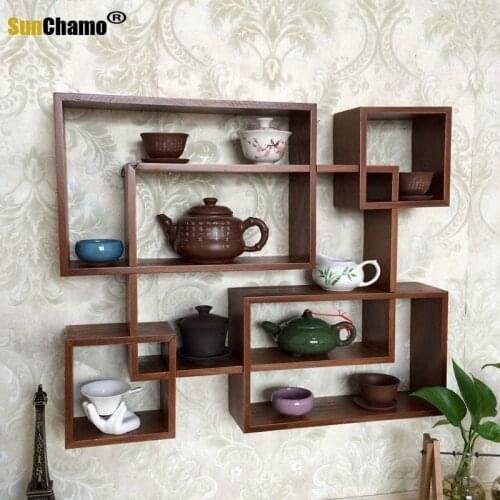 Solid Wood Small Bo Ancient Chinese Dabao Pavilion Teapot Tea Cup Display Stand Tea Pet Antiques Can Be Wall-mounted Lattice