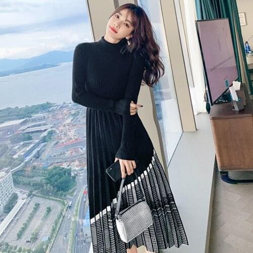 Menahem Autumn Winter Women Patchwork Knitted Sweater Dress Vestidos Long Sleeve O-Neck Slim Vintage Thick Warm Pleated Dress