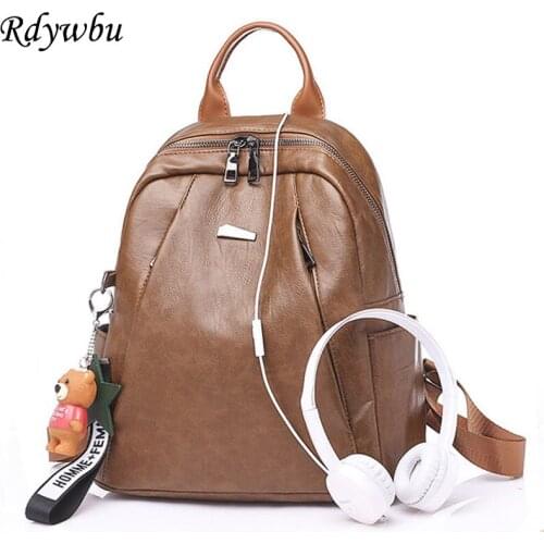 Rdywbu Fashion Zippered Backpack With Earphone Hole Women Vintage PU Leather Pendant Travel Bag Girl New School Bag Mochila B499