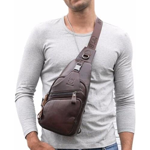 Men First Layer Leather Cowhide Sling Chest Bag Shoulder Crossbody Pack Pouch Business Travel Jogging with Headphone Cable Hole