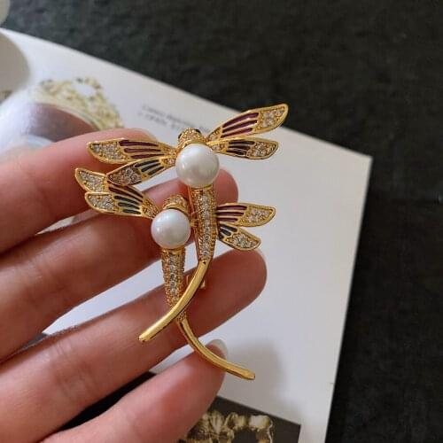 New product gold-plated brass and enamel craft double dragonfly brooch