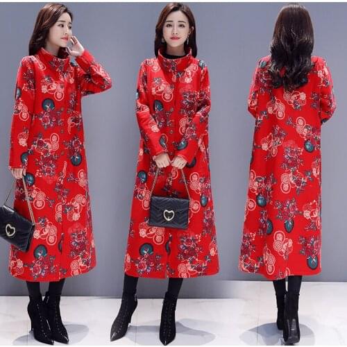 Cotton Linen Trench Coat Autumn Winter National Wind Outwear Womens Printing Thickened Long Loose Large Size Windbreaker Z218