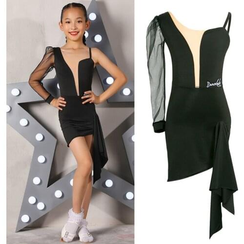 Girls Latin Dance Competition Dress Kids Party Dresses Stage Costume ChaCha Samba Dancing Practice Clothes Black Dress BL4838