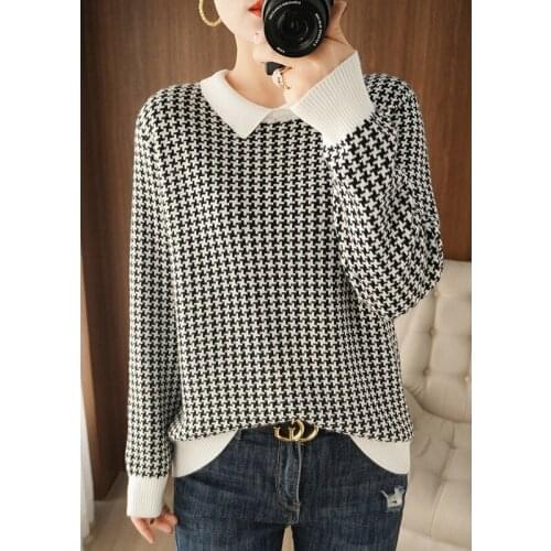 Pullover sweater women casual 2021 spring new cotton doll collar knit sweater houndstooth slim plus size blouse Korean sweater