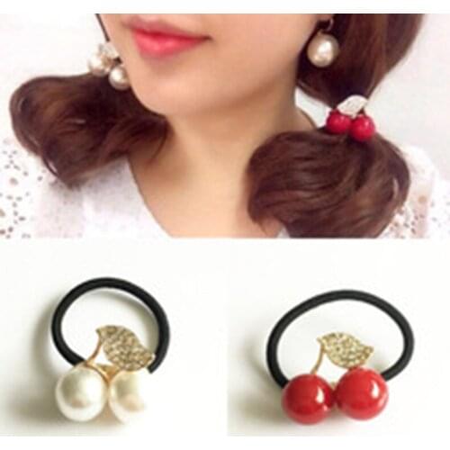 New Design Fashion Style Lovely White/Red Imitated Pearl cherry Hair Band Hair Rope Elastic Hair Accessories For Women