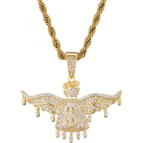Iced Out Flying Money Bag With Wings Pendant Pave Cubic Zircon Bling Hip Hop Jewelry For Rapper Gift 2 Colors