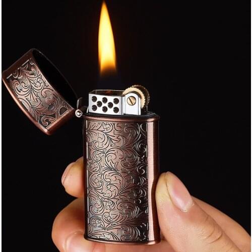 Vintage Cigarette Lighter Refillable Kerosene Flint Lighter Emboss Brass Torch Lighters Smoking Accessories Cigarros De Sabores