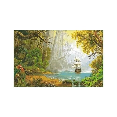 Top Quality premium nautical counted cross stitch kit sailing ship boat in forest lake