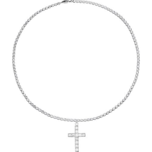 Stainless Steel Statement Sparkly Iced Hip Hop CZ Cross Pendant 4mm Width Tennis Chain Necklace