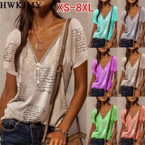 Women Fashion Summer Clothes Casual Short Sleeved Tops Deep V-neck Zipper Oversized T-shirt Letter Printed Tee Plus Size 8XL