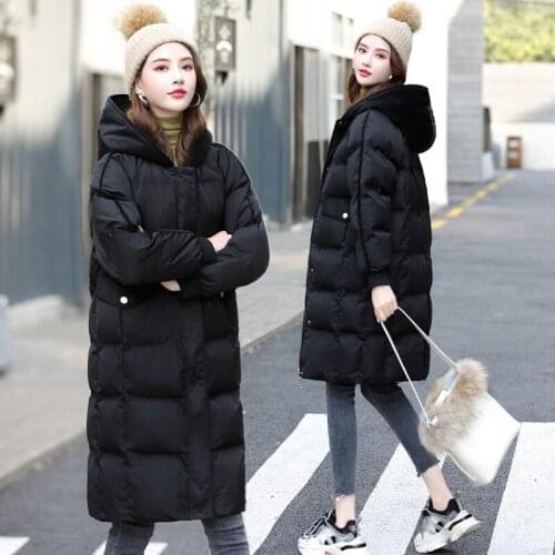 Winter mid-length cotton-padded jacket womens new casual loose velvet stitching quilt hooded cotton