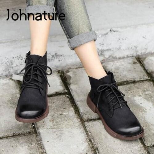 Johnature Winter Women Boots 2020 New Ladies Shoes Genuine Leather Zip Round Toe Concise Handmade Leisure Casual Platform Boots