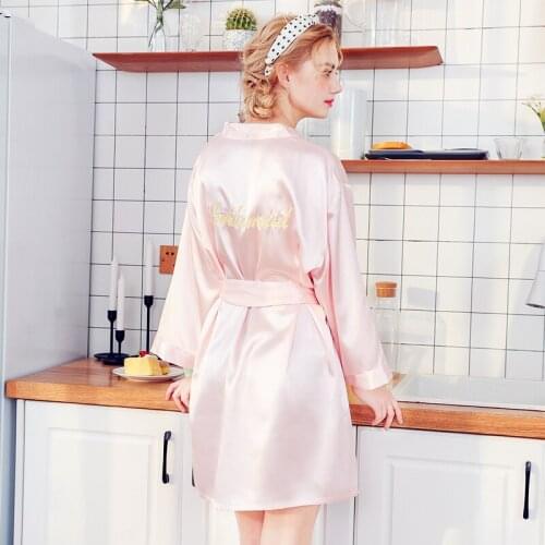 Daeyard Womens Robe Luxury Embroidery Wedding Bridesmaid Robe Solid Dressing Gown Silk Satin Short Kimono Bathrobe Sleepwear