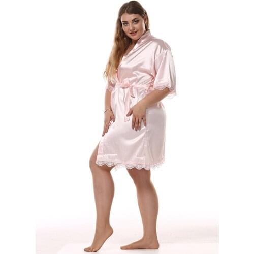 Plus Size Lady Imitation Silk Sleeping Robe Sexy Lace Half Sleeve Bathrobes Female Satin Silk Sleepwear Fat MM Kimono 6261 Plus