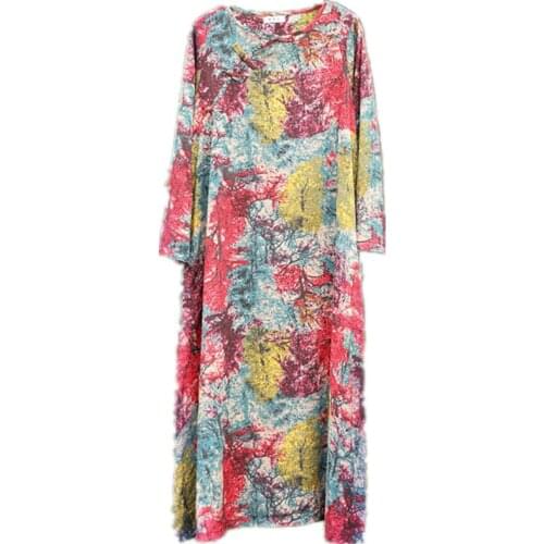 Woman dress 2020 spring summer ladies Short sleeve Tree Ink Print vintage dress Long Cotton Linen Robe Dress Vestidos