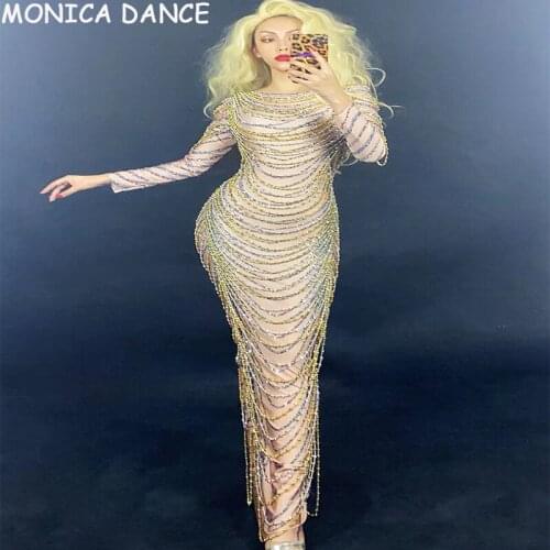 Women Sexy Silver Gold Rhinestone Spandex Dance Dress Birthday Show Outfit Dress Bar Women Dancer Prom Party Costume DJ Dress