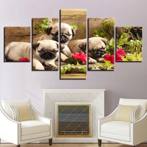 5 Pieces Animals Dog Green Leaves Modern Art Hd Home Decoration Pictures Frameless Canvas Painting Living Room Wall Posters