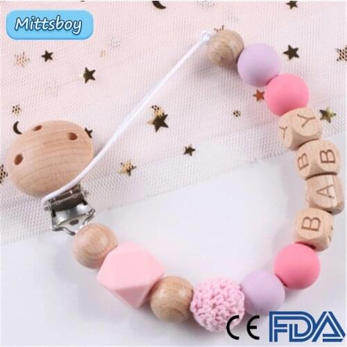 2021 DIY Personalised Name Silicone Round woods Baby Pacifier Clip Crochet Beads Pacifier Mouse Holder Newborn Shower Baby Toys