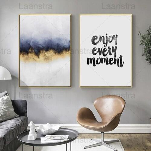 Abstract Canvas Painting Simple Black and White Text Enjoy Every Moment Home Decoration Poster Blue Gold Living Room Wall Print