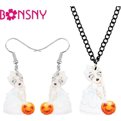 Bonsny Acrylic Halloween Anime Ghost Bride Pumpkin Earrings Necklace Fashion Jewelry Sets For Women Girls Teens Decorations Gift