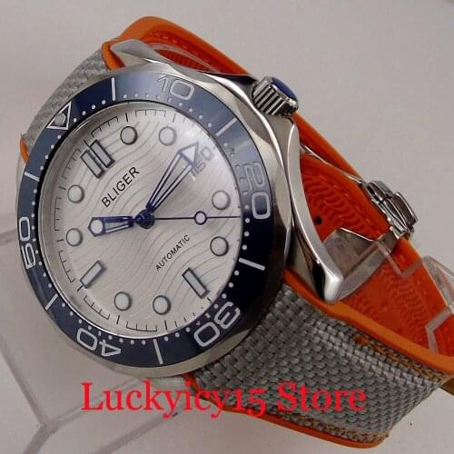 BLIGER 41MM NH35A White Automatic Men Watch Glass Back Luminous Hand Blue Insert Rubber Band Sapphire Crystal