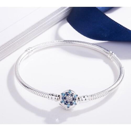 Blue Flower S925 Silver Bracelet Snake Chain Bangle For European Sterling Silver Charm Bead Women Girl Jewelry Valentine Gift