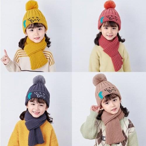 1-8Y Kids Knitted Scarf And Hat Set Luxury Winter Warm Beanie Hats And Scarves With Fur Pom Beanie Hat for Boys And Girls ZZ-415