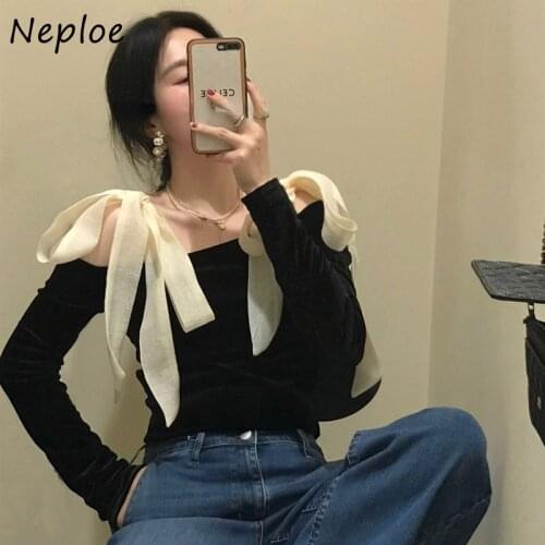 Elegant Lace-up Bow-knot Unique Chic Shirts Women Long-sleeve Slash Neck Velvet Blouse Female Autumn 2021 New Tops Mujer