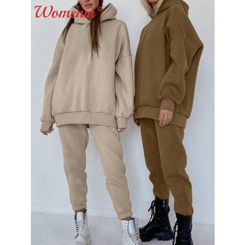 Fleece Womens Tracksuit Suit Hooded Jogger Pants Women Two Piece Set Oversized 2021 Autumn Winter Casual Lady Sportswear Suit