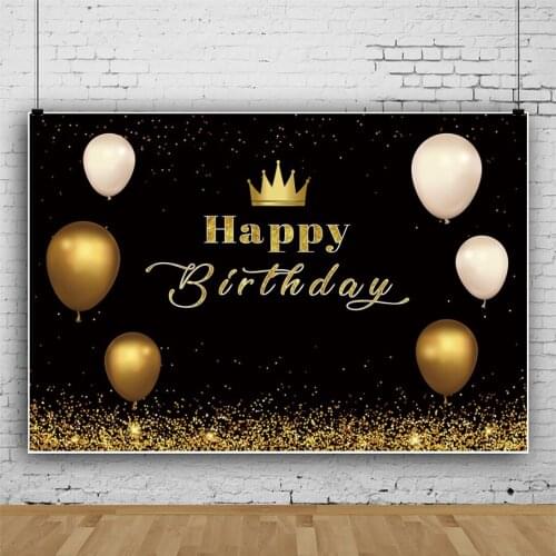 Laeacco Gold Glitters Crown Balloons Birthday Party Photography Backdrop Banner Decor Black Photographic Background Photo Studio