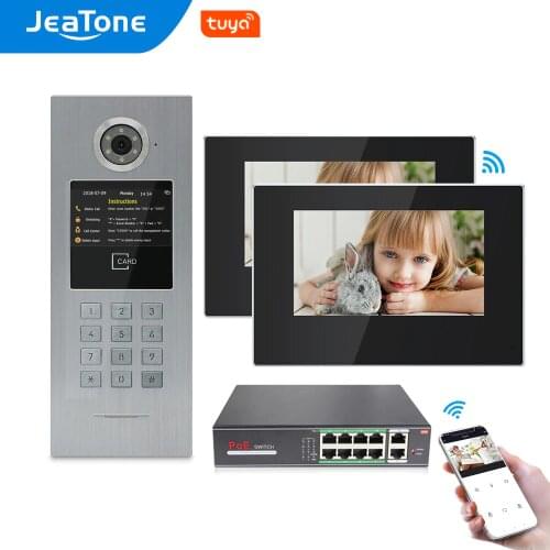 JeaTone 7 Inch Tuya WiFi IP Video Intercom For Large Building 2Houses Access Control System Password/RFID Card/APP Remote Unlock