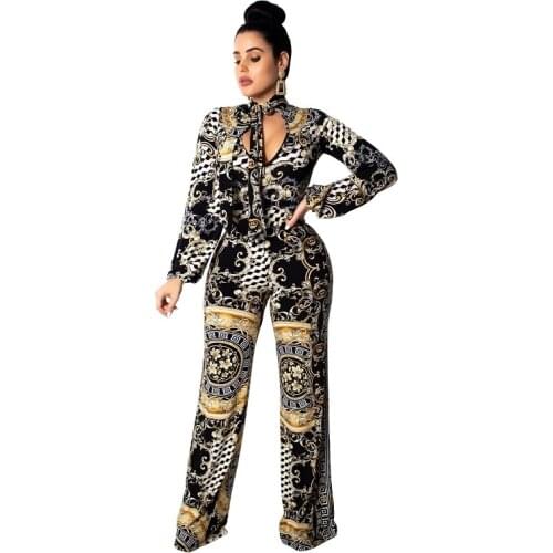 Vintage print stand collar lace up high waist jumpsuits lady new style hollow out design fashion party rompers SSMR9079