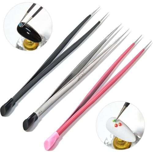 MEET ACROSS Nail Tweezers Pressing Head for Sticker Rhinestones Picker Straight Curved Manicuree Nail Art Tool Stainless Steel