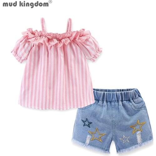 Mudkingdom Girls Outfits Ruffle Collar Striped Tops Denim Shorts Set for Girl Clothes Strap Shirt Jean Shorts Suit Toddler Set