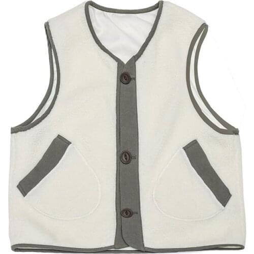 Mens Japanese Casual Fleece Vest White Coffee Color Collarless Waistcoat Big Pockets Cargo Vests Spring Autumn Sleeveless Jacket
