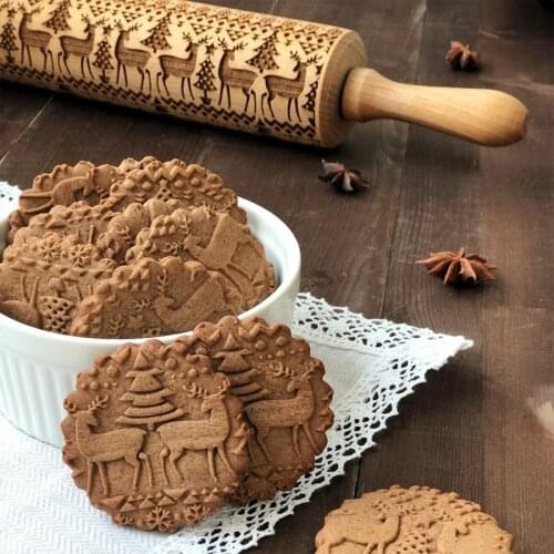 Merry Christmas Elk Wooden Print Rolling Pin Christmas Decorations For Home Navidad Decor Noel Dessert Tools New Year 2021 Gift