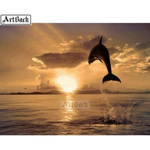 New 5d diy diamond painting sunset dolphins landscape full square drill 3D rhinestone resin mosaic plaster embroidery