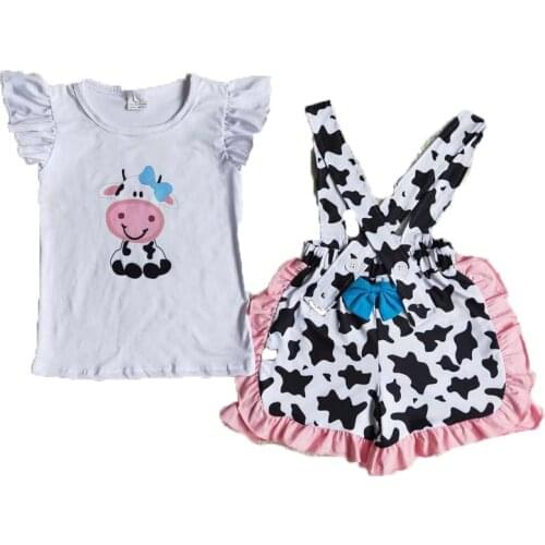 New Boutique Baby Girls Clothes Set Cow Rompers Tunic Top Bell- Bottom Short Pantes Kids Outfits