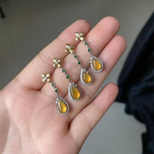 Original design high ice transparent chalcedony yellow jade drop earrings elegant charm creative retro female silver jewelry