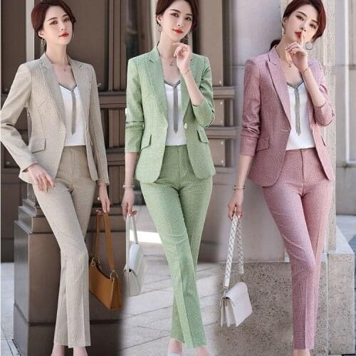 2020 Autumn and Winter High Quality Women Plaid Pants Suit Office Lady Blazer Jacket & Ankle-Length Pant Fashion 2 Peice Set A26