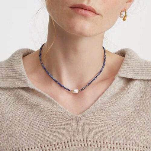 Fashion new Reiki healing jewelry cut corner black crystal necklace white Baroque pearl charm natural freshwater pearl necklace