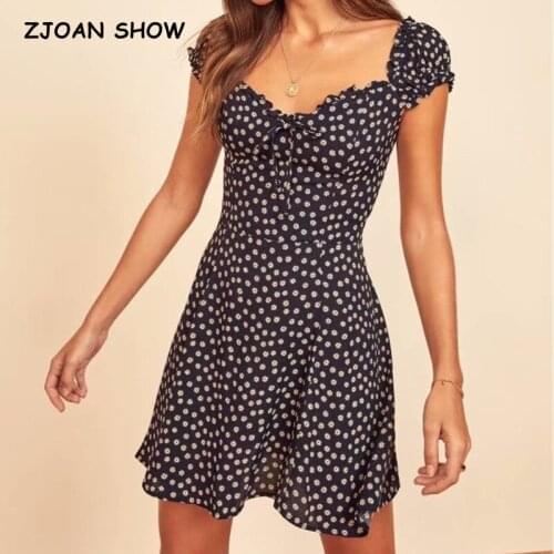 2021 Summer French Navy Floral Print Mini Dress Short Sleeve Tie Bow Wood ear Collar Elastic Ruched Back A-lined Holiday Robe