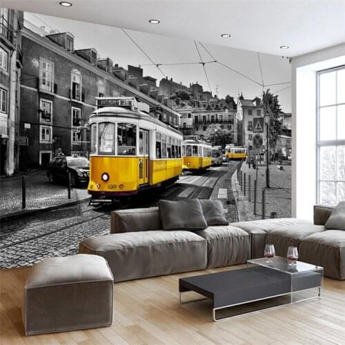 Custom Any Size 3D Mural Retro European Street Yellow Streetcar Black And White City Building Wallpaper Cafe Restaurant 3D Decor
