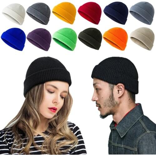 Unisex knitted Melon Caps Winter Ribbed Knitted Cuffed Short Cap Solid Color Skullcap Baggy Ski Fisherman Docker Beanie Hats