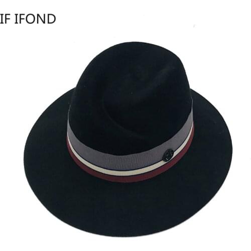 100% Wool Black Felt Fedora Hat For Women/Man Gangster Jazz Cap Wide Brim Autumn Winter Panama Church Hats