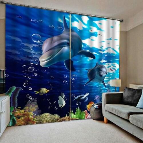 Blue curtains ocean dolphin curtain 3D Curtain Luxury Blackout Window Curtain Living Room